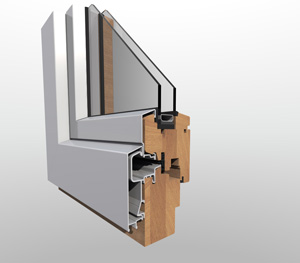 Wooden window with aluminium casing with 68mm frame